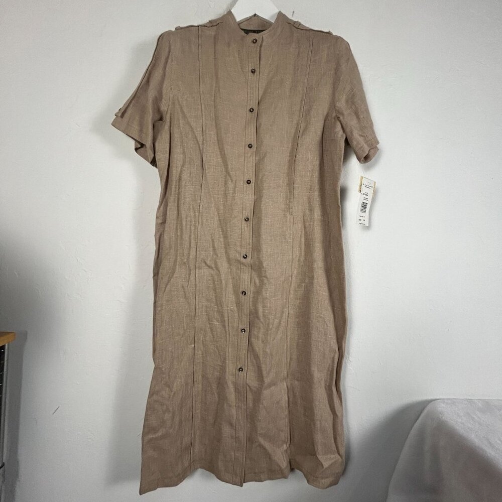 Harvé Benard Women Linen Button-Up Midi Dress Size 14 Beige Short Sleeve New $80